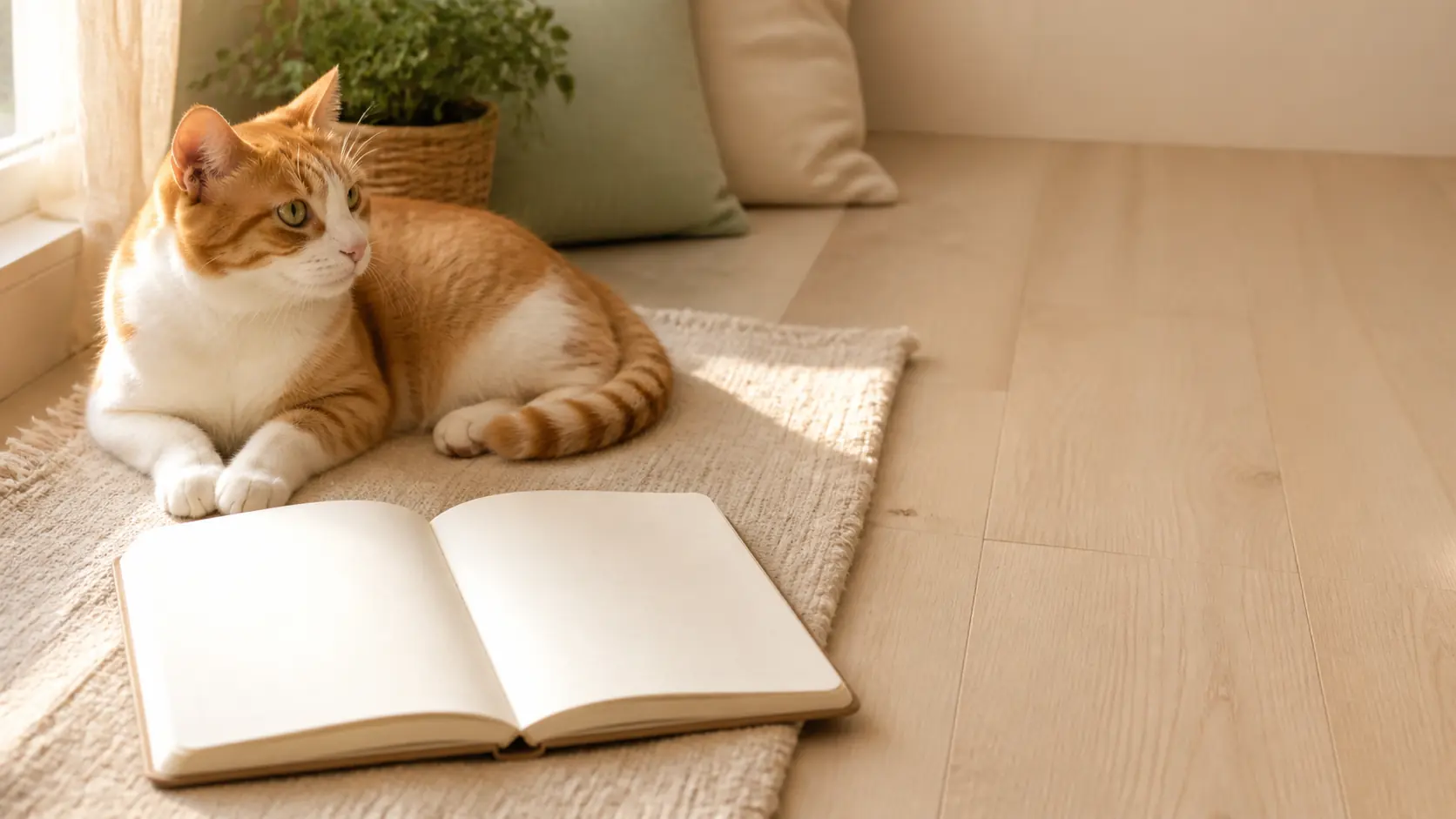 朝の自然光の中で、開いた無地の手帳のそばにくつろぐ茶白の猫